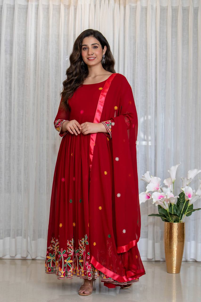 Designer Red Festive Anarkali Suit Set - Nature Inspired Embroidery Collection