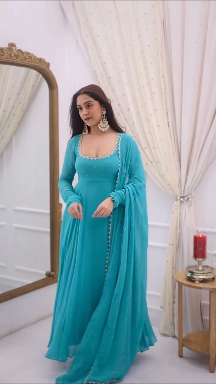 Sky Blue Pearl Border Anarkali set