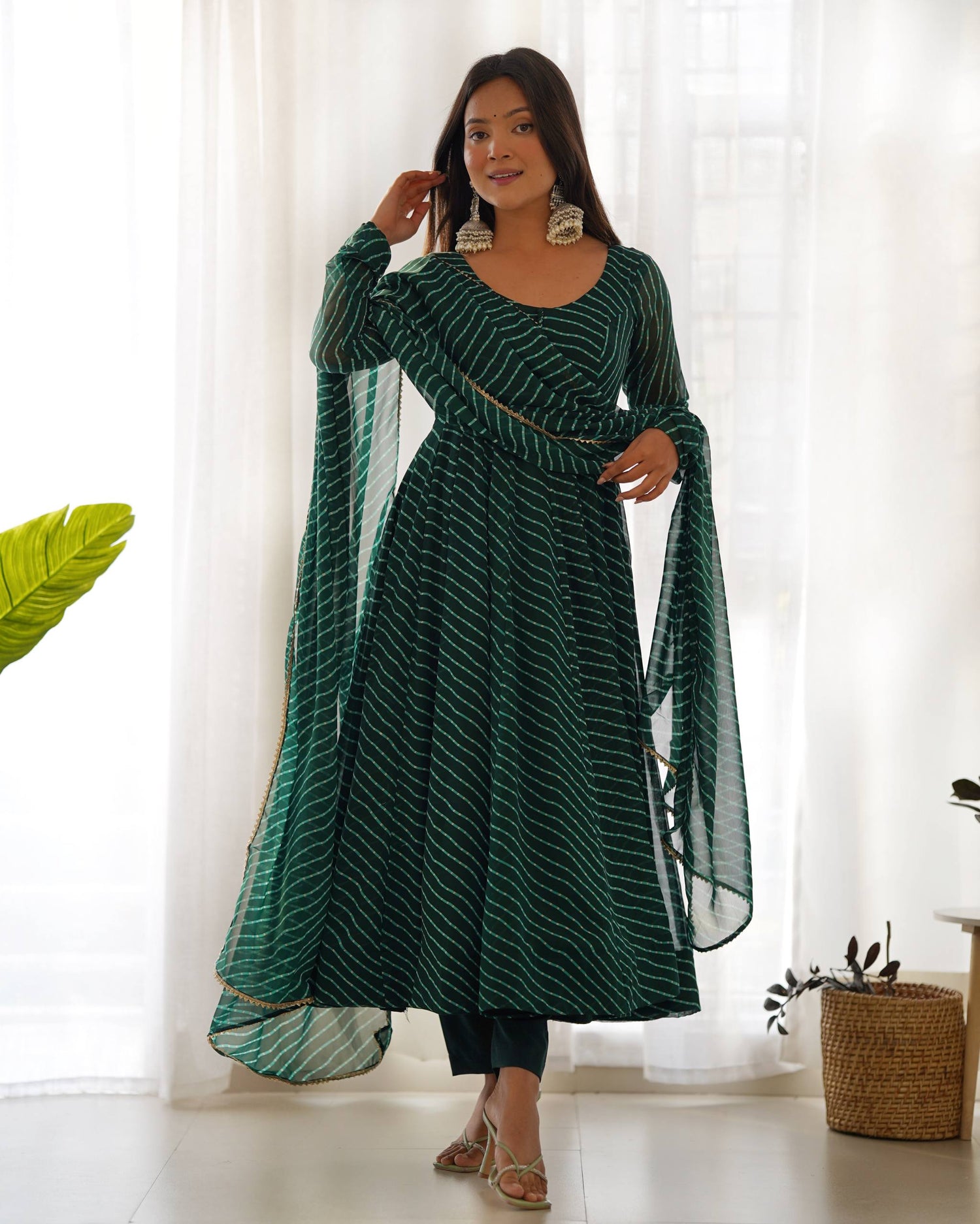 Georgette Laheriya Print Anarkali Set with Potli Button Design