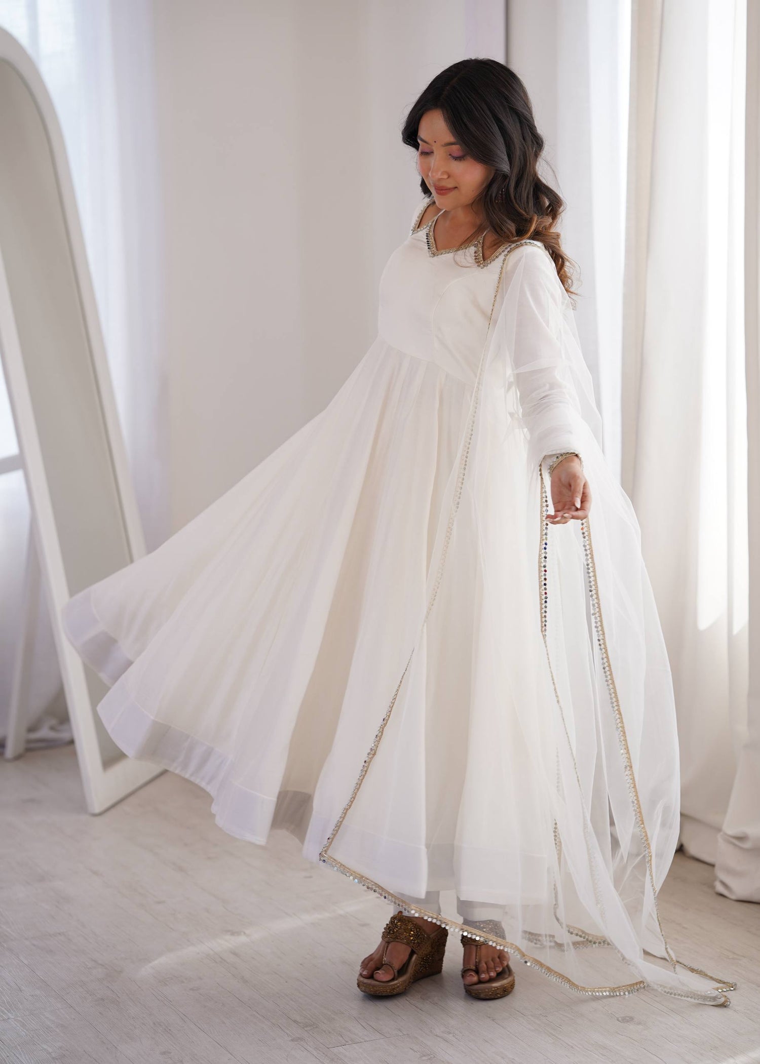 Pure Roman Silk Chanderi Anarkali Set with Mirror Lace Dupatta