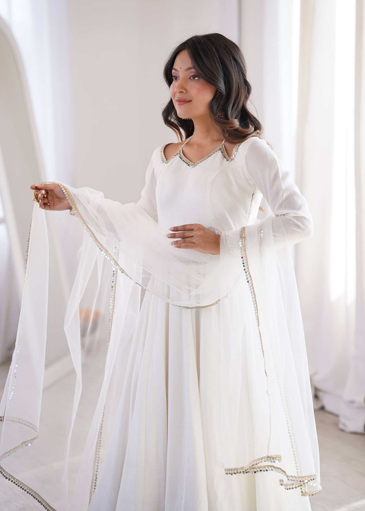 Pure Roman Silk Chanderi Anarkali Set with Mirror Lace Dupatta