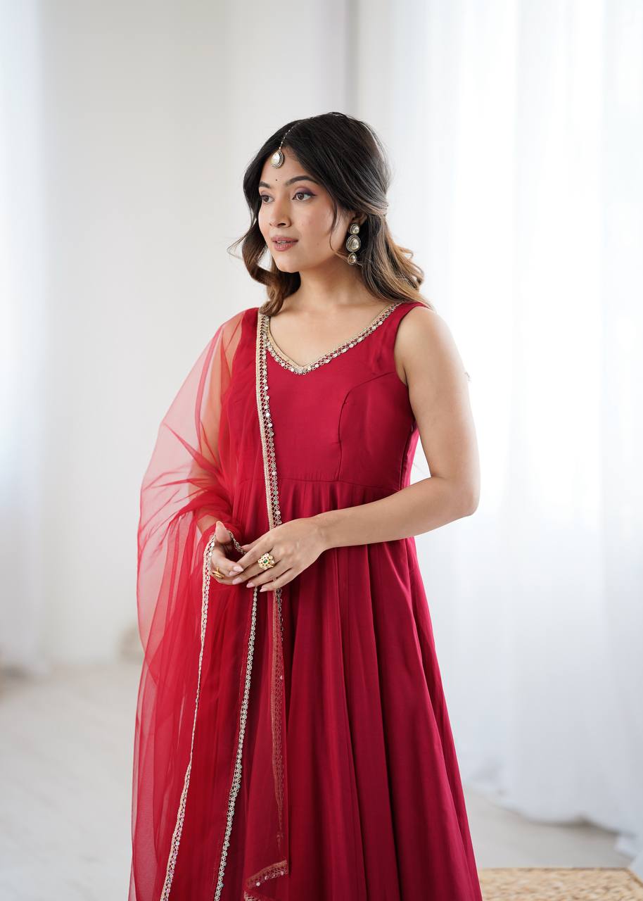 Premium Roman Silk Chanderi Anarkali Suit Set with Net Dupatta & Pant