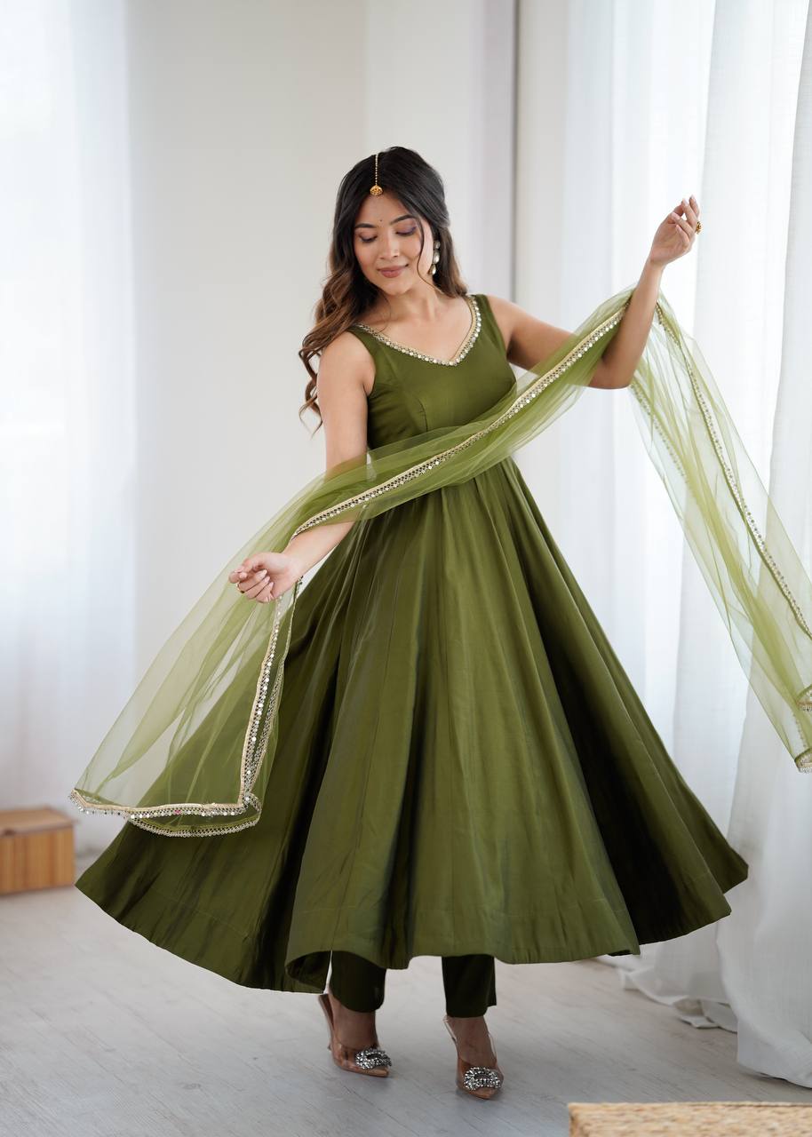 Premium Roman Silk Chanderi Anarkali Suit Set with Net Dupatta & Pant
