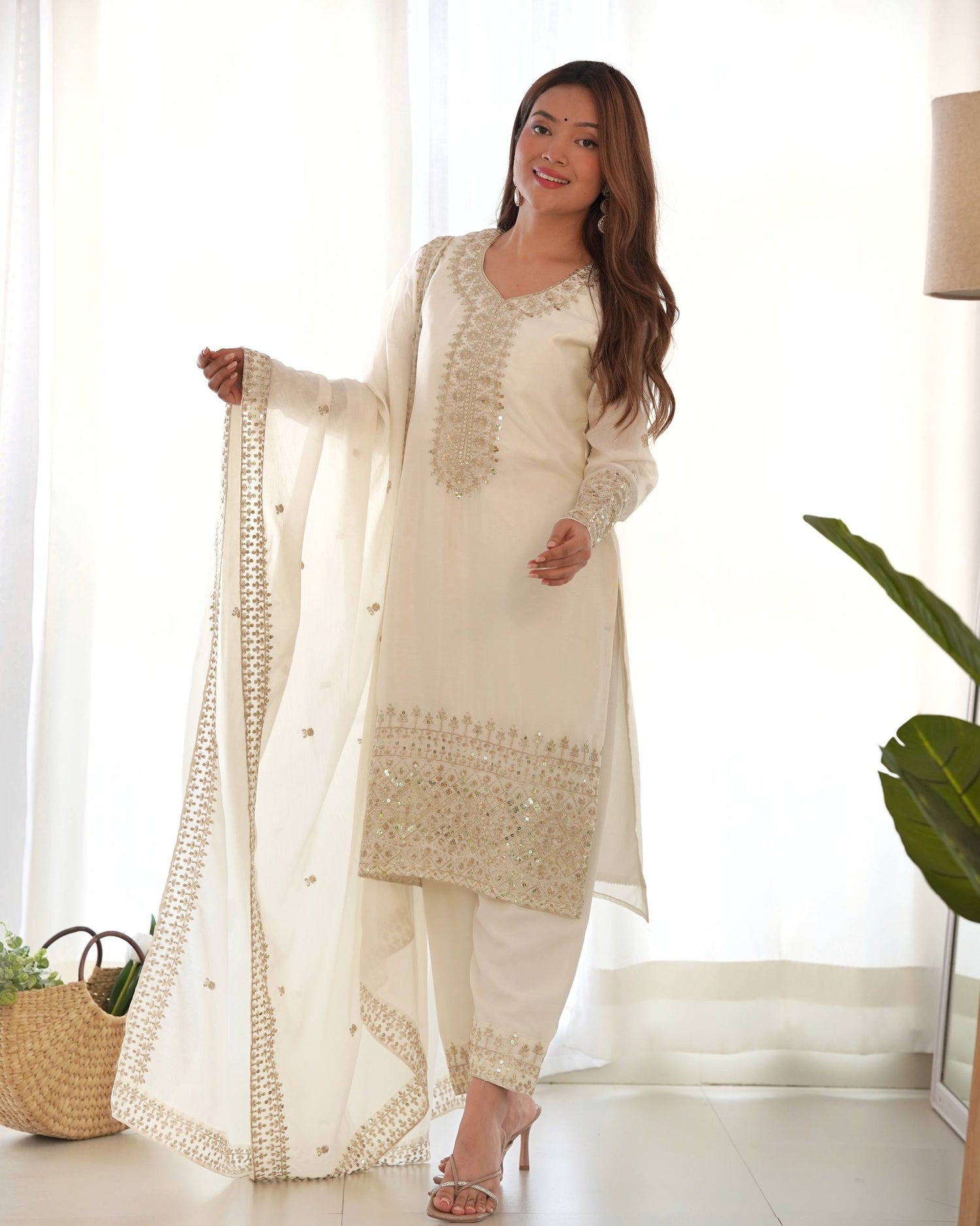 Pure Chinon Silk Straight-Fit Kurta Set with Jari & Sequence Work