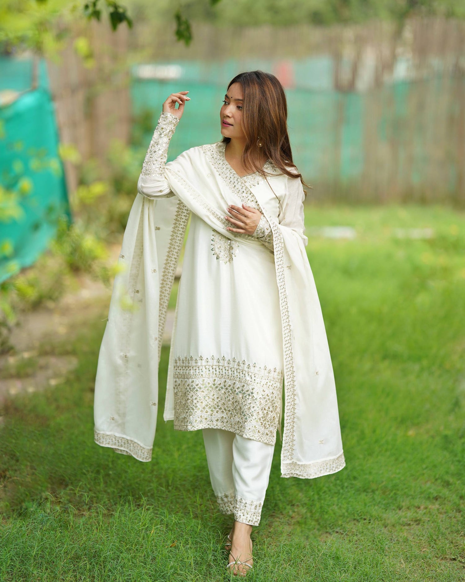Pure Chinon Silk Straight-Fit Kurta Set with Jari & Sequence Work