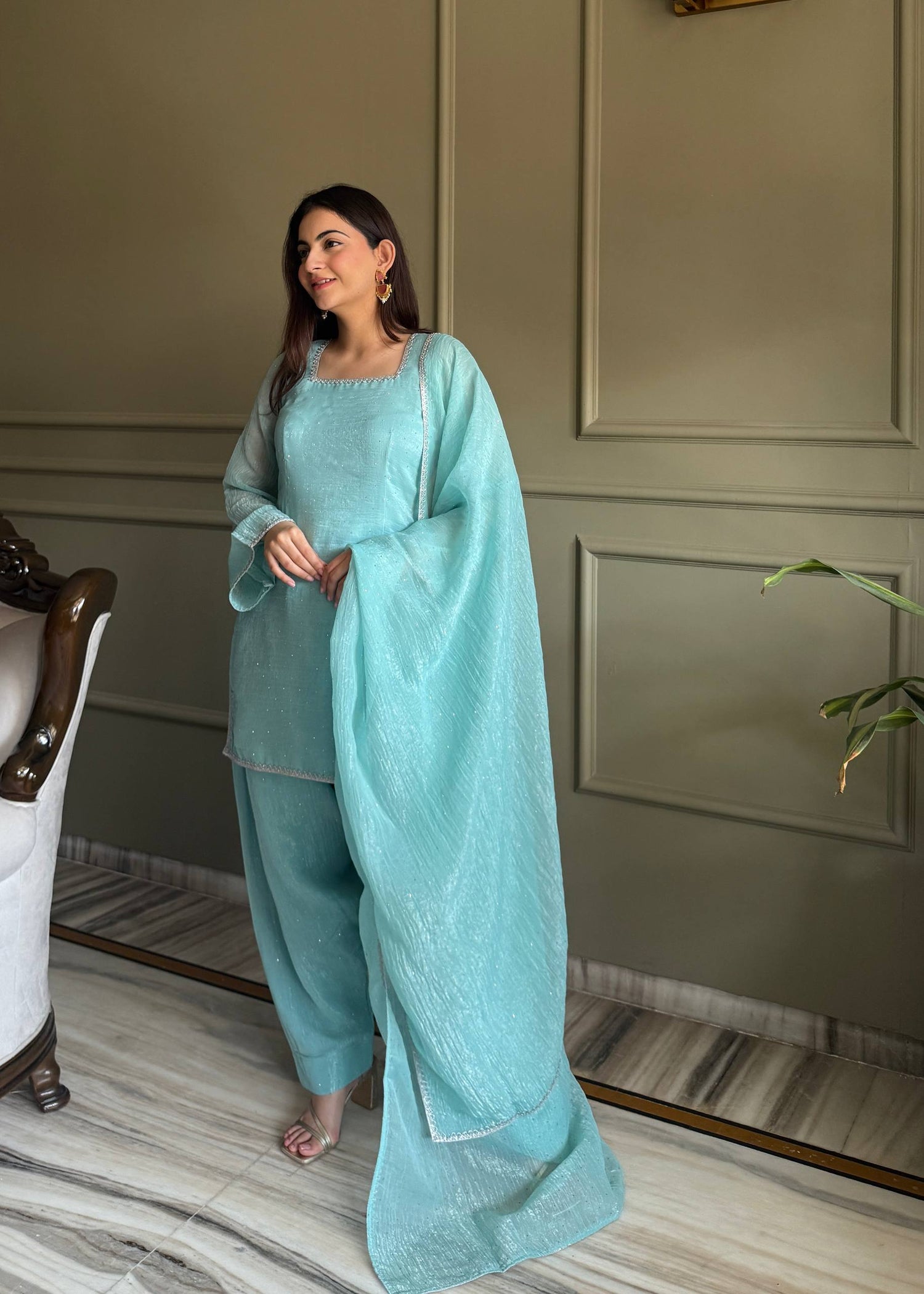 Crunchy Silk Farshi Salwar Suit with Siroski Diamond Work