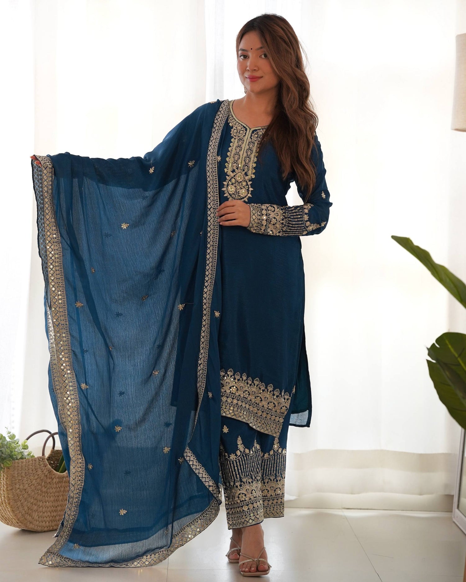 Pure Chinon Silk Straight Fit Kurta Set with Intricate Embroidery & Sequence Work