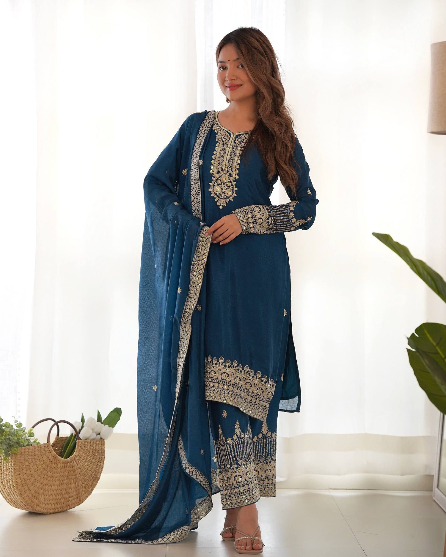 Pure Chinon Silk Straight Fit Kurta Set with Intricate Embroidery & Sequence Work