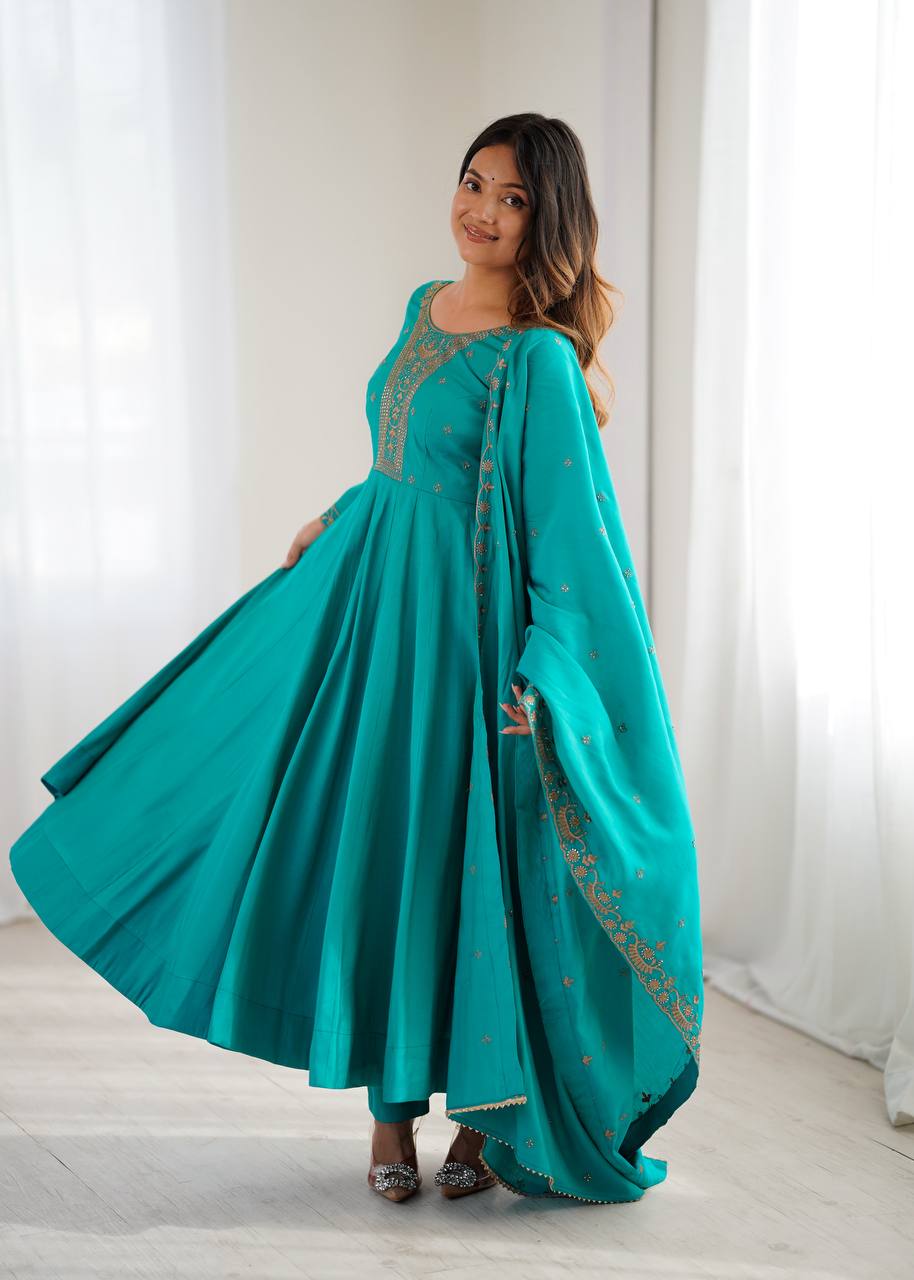 Premium Roman Chanderi Silk Anarkali Suit Set with Dupatta & Pant (Fully Stitched)