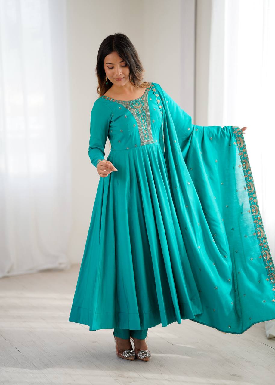 Premium Roman Chanderi Silk Anarkali Suit Set with Dupatta & Pant (Fully Stitched)