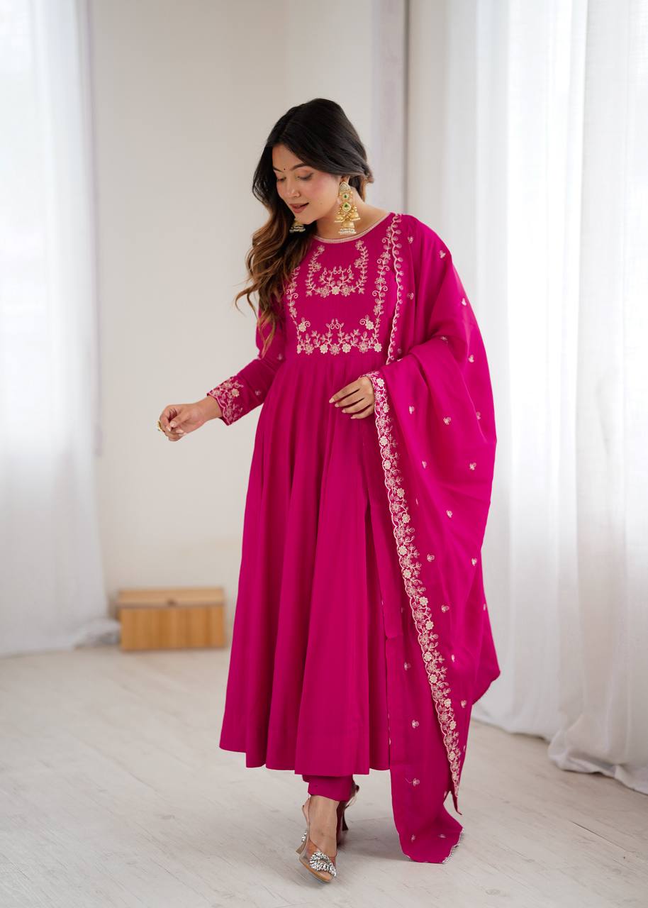 Pure Roman Chanderi Silk Anarkali with Handwork Beads & Embroidery