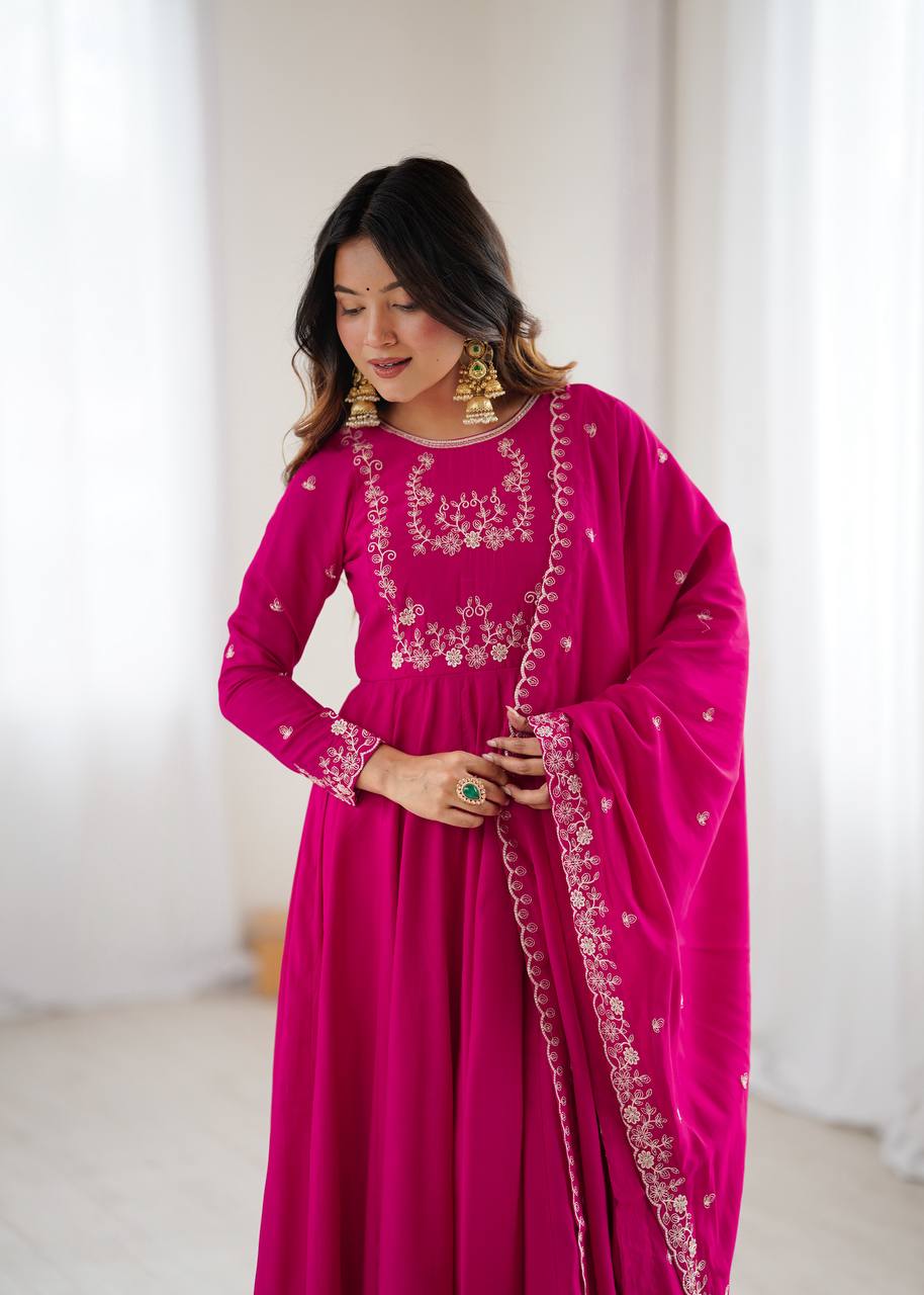 Pure Roman Chanderi Silk Anarkali with Handwork Beads & Embroidery