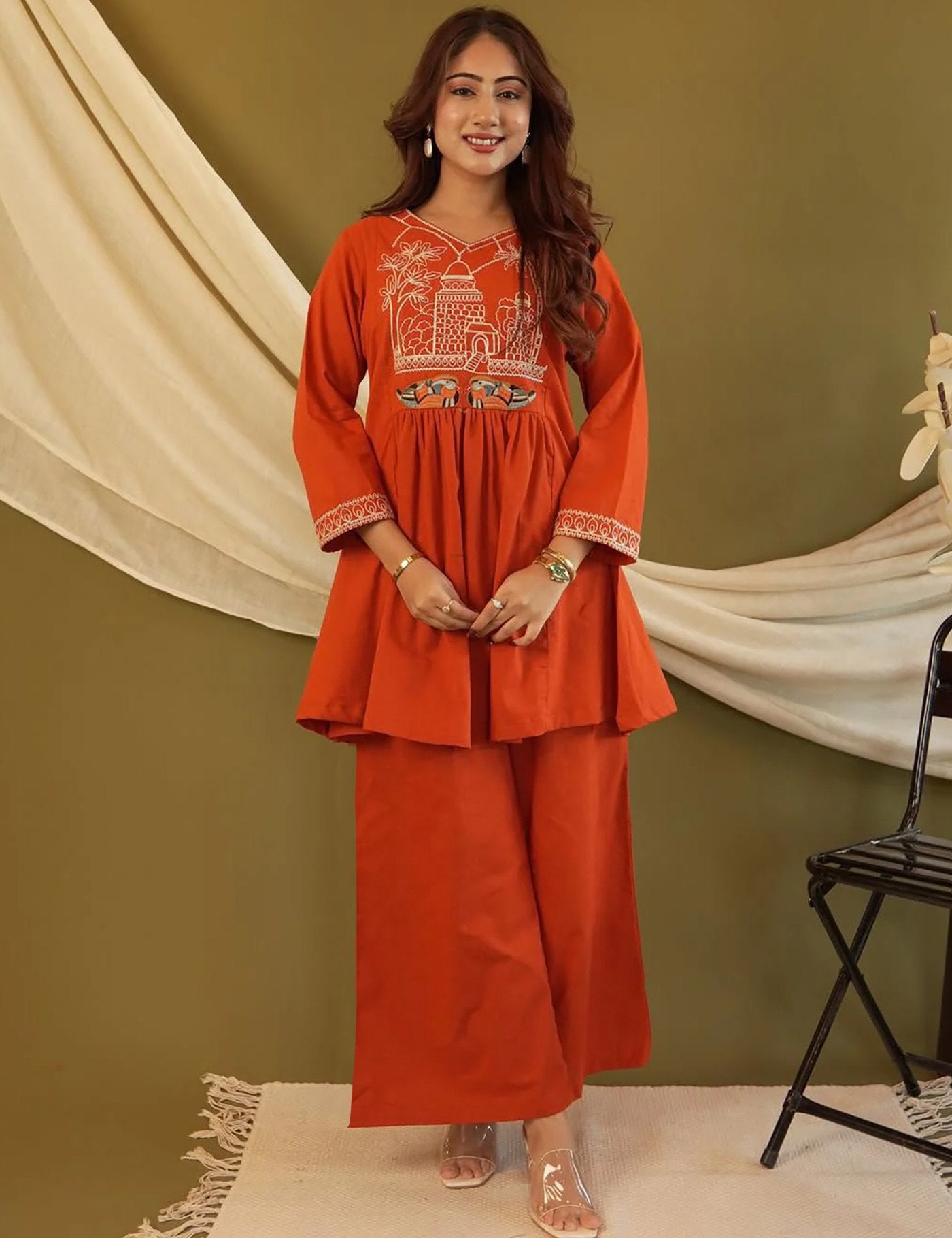 Orange Embroidered Crepe Co-Ord Set (Kurta & Pant) – Stylish Ethnic Wear