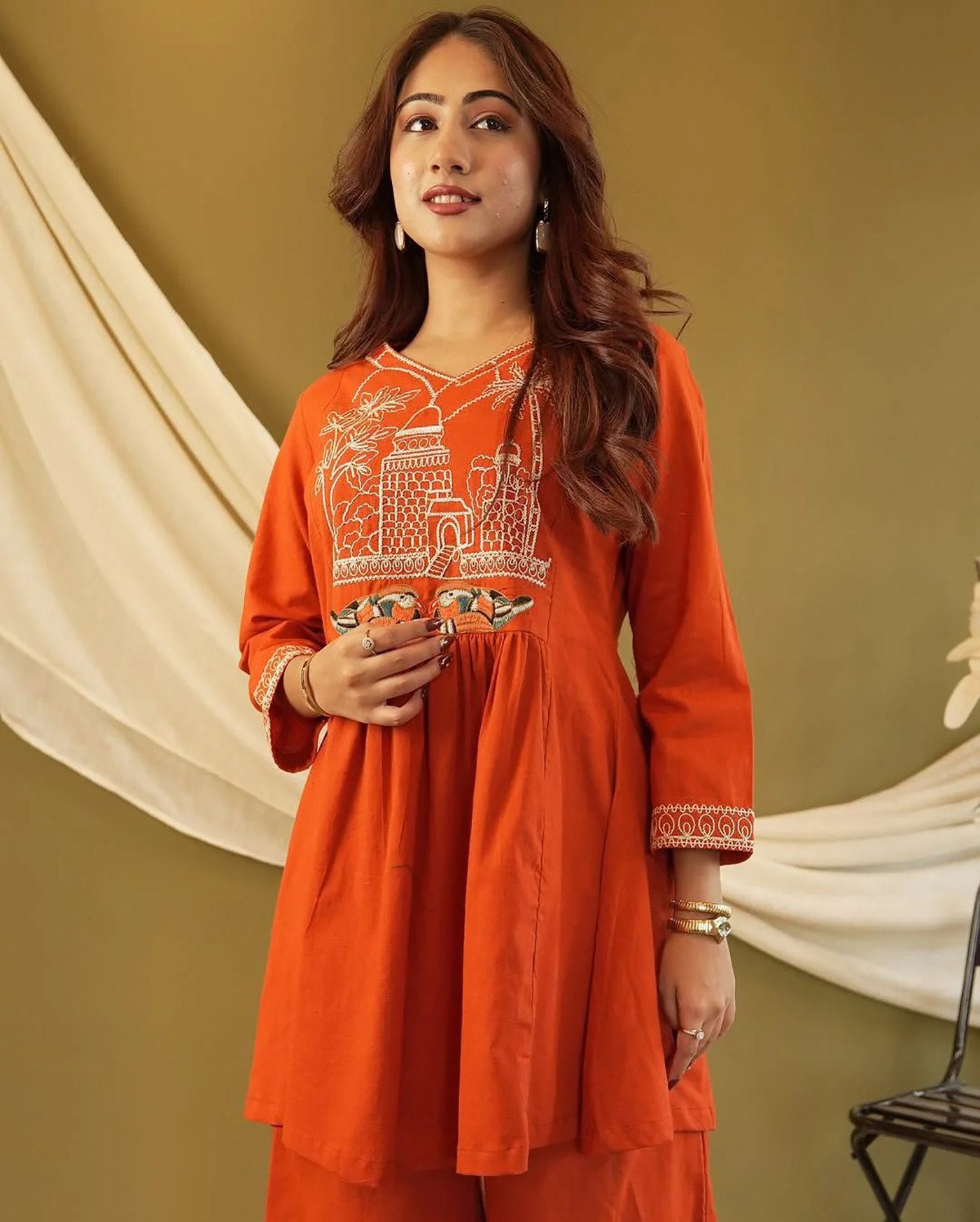 Orange Embroidered Crepe Co-Ord Set (Kurta & Pant) – Stylish Ethnic Wear