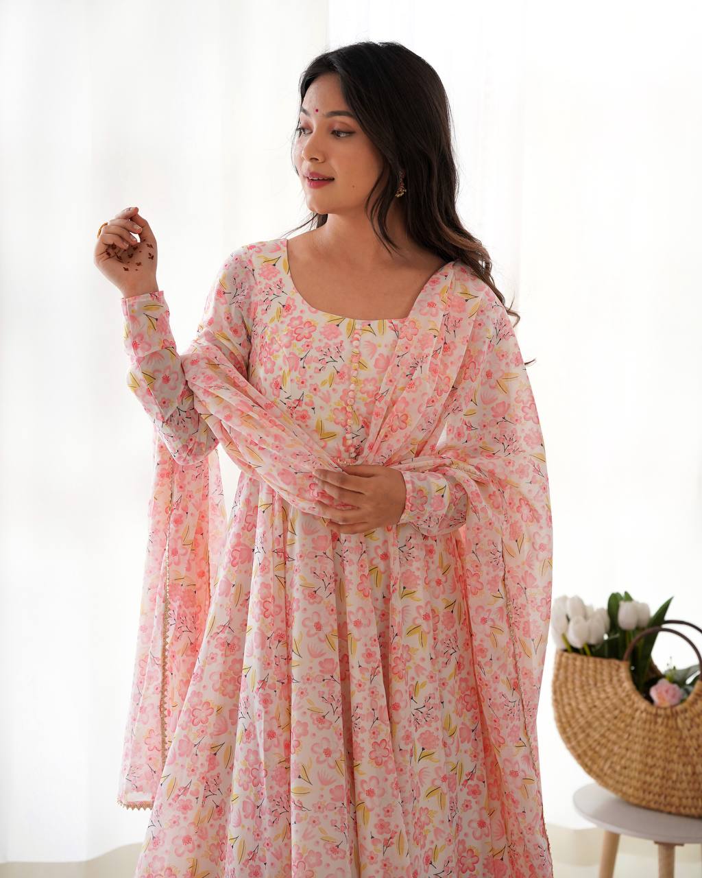 Chiffon Anarkali Gown Set with Dupatta & Pant – Summer Wedding Wear