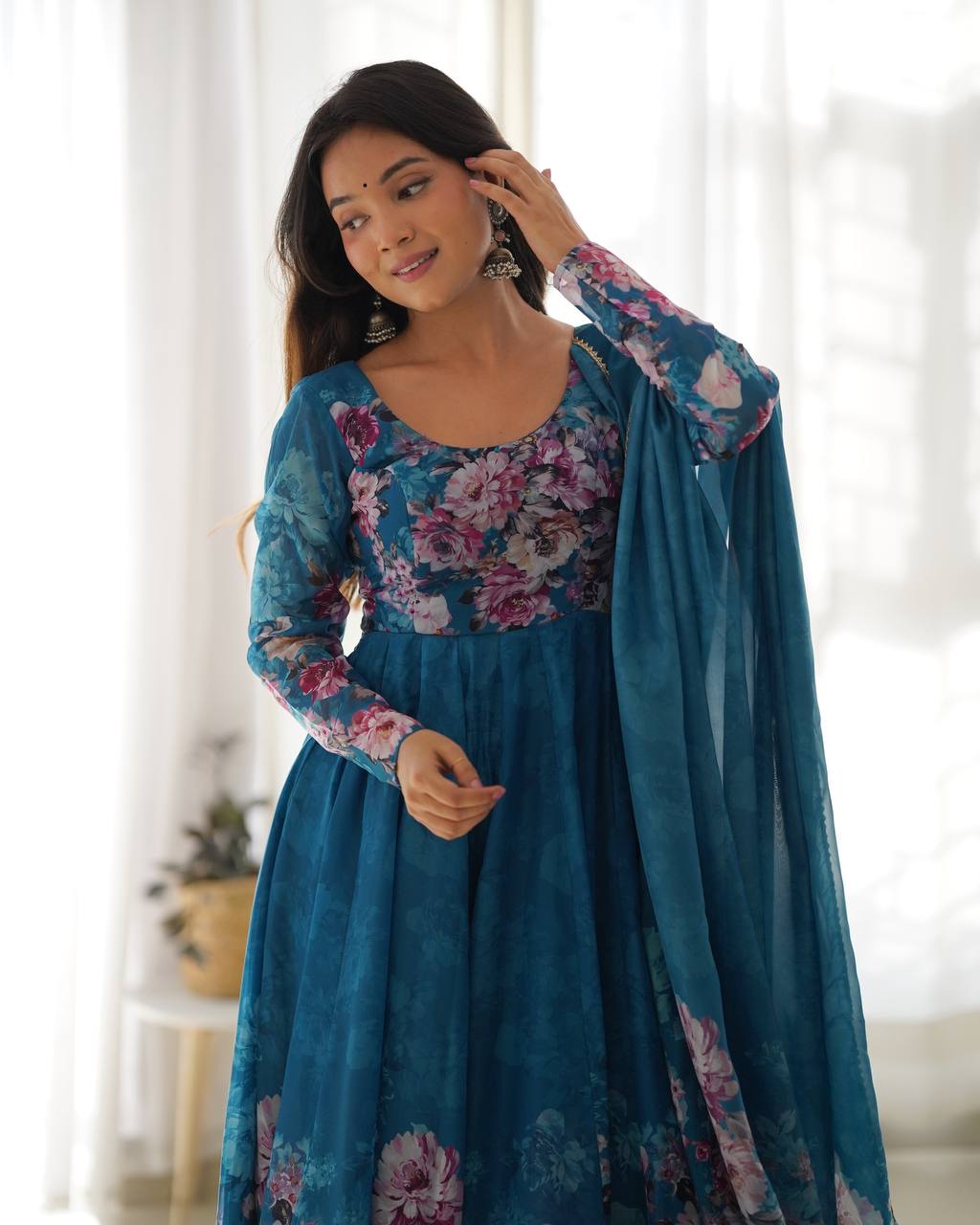 Pure Soft Organza Silk Printed Anarkali Set with Gota Patti Lace