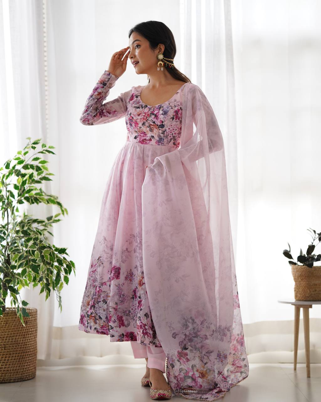 Pure Soft Organza Silk Printed Anarkali Set with Gota Patti Lace