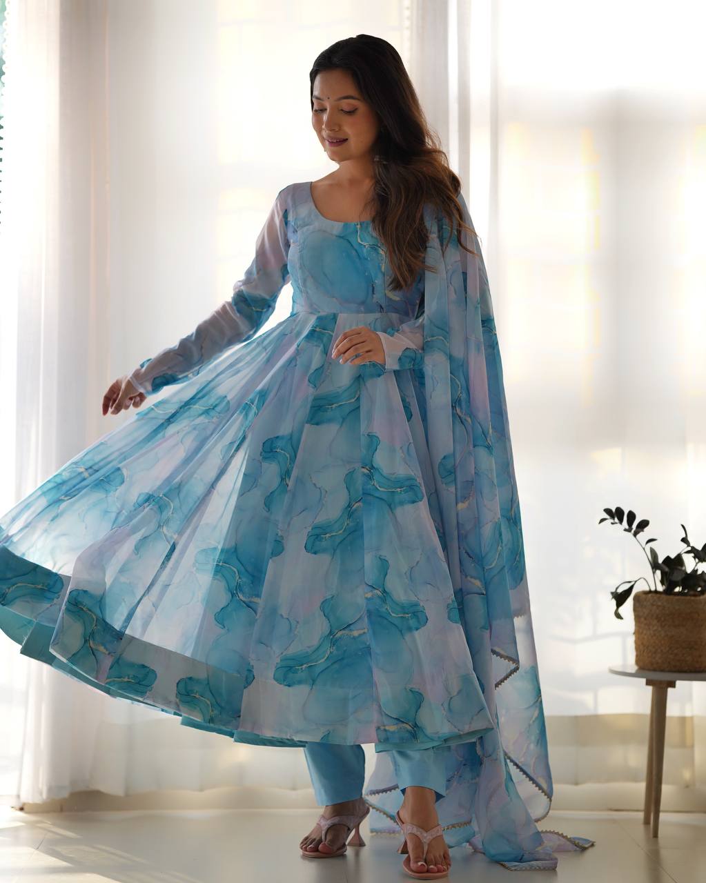 Silk Marble Print Anarkali Gown Set with Dupatta & Pant – Festive Wear