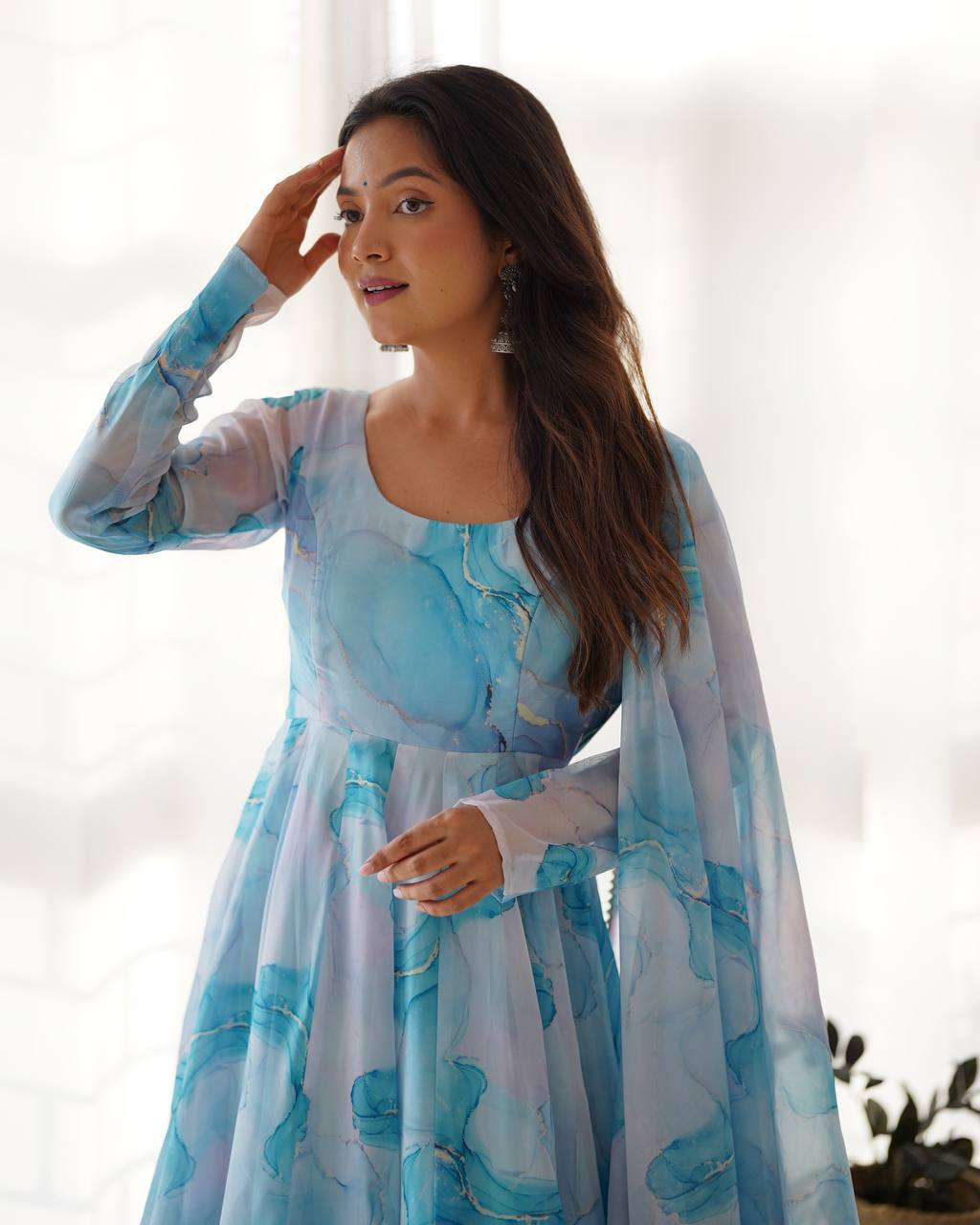 Silk Marble Print Anarkali Gown Set with Dupatta & Pant – Festive Wear