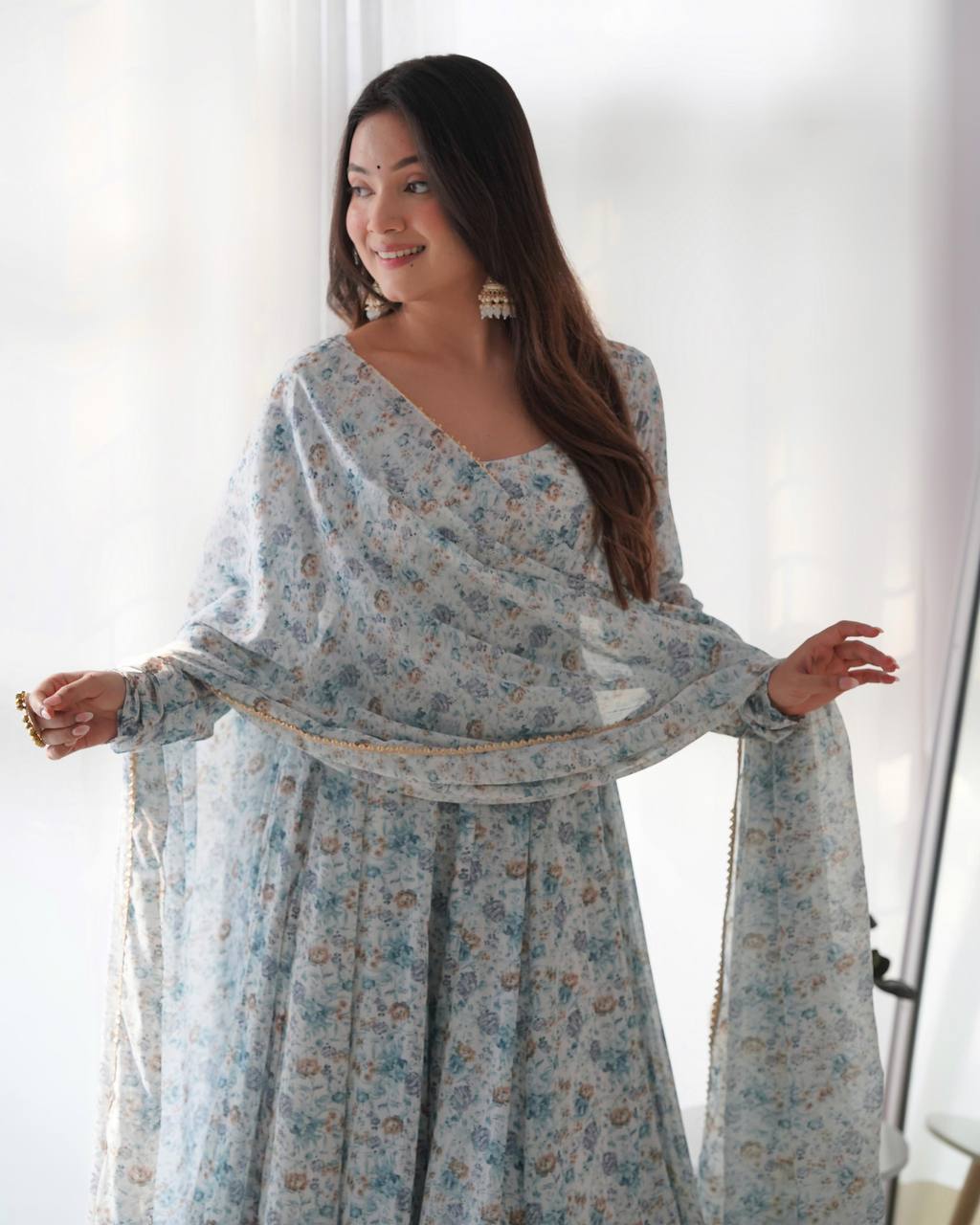 Chiffon Anarkali Gown Set with Dupatta & Pant – Summer Wedding Wear