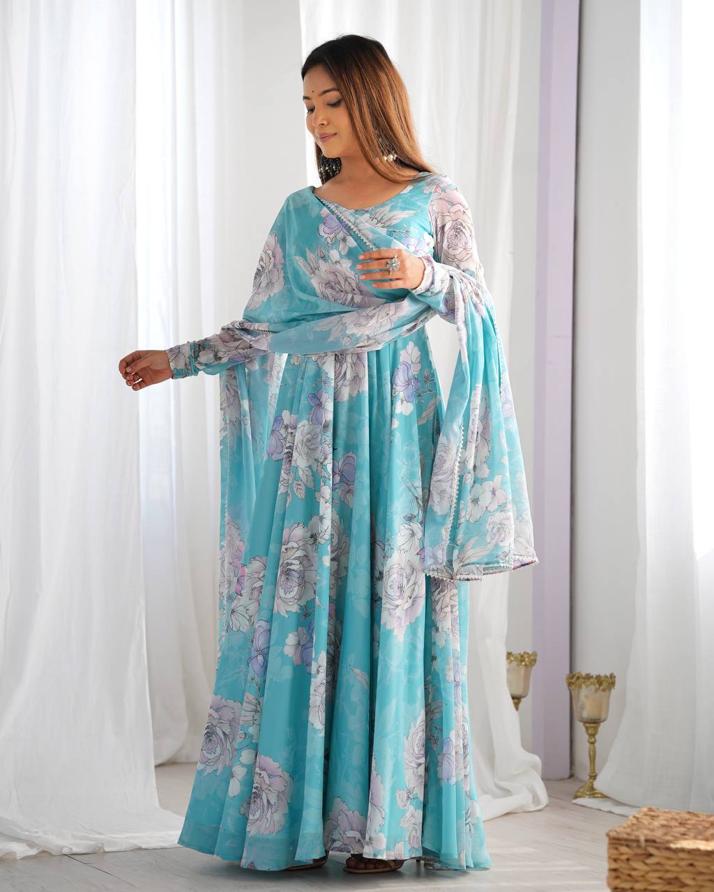 Floral Print Pure Fox Georgette Anarkali Gown with 7-Meter Flare