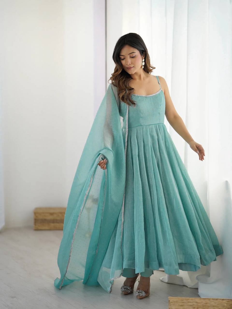 Crunchy Silk Anarkali Gown Set with Swarovski Work & Dupatta – Festive & Wedding Wear