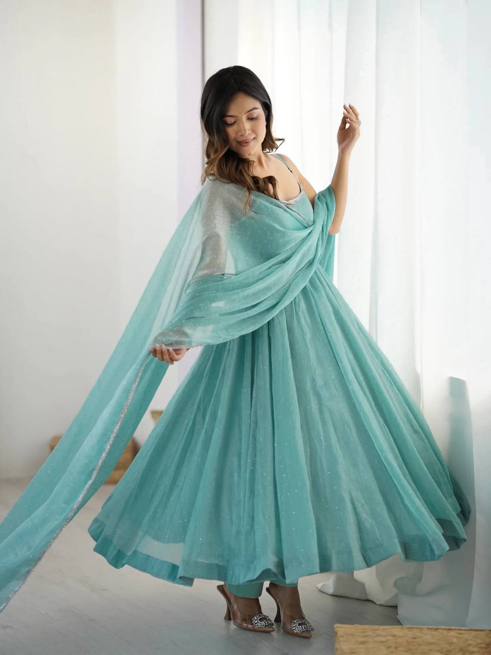Crunchy Silk Anarkali Gown Set with Swarovski Work & Dupatta – Festive & Wedding Wear