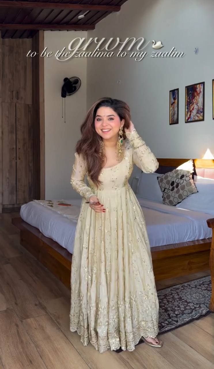 Chinon Silk Gown–Pant–Dupatta Set - Perfect for weddings, festivals & party wear