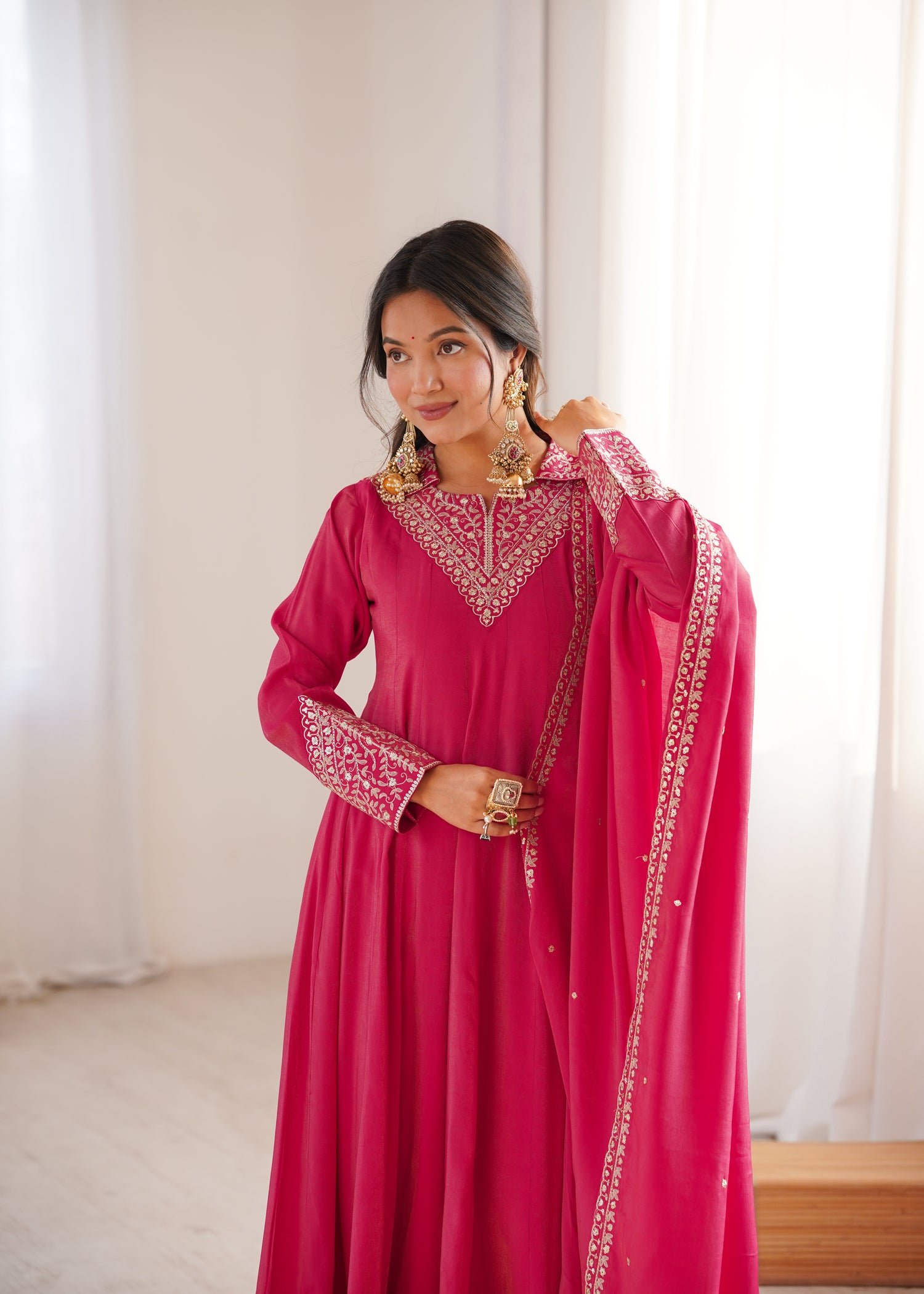 Pure Roman Shimmer Silk Anarkali Set with Fancy Dori & Jari Work