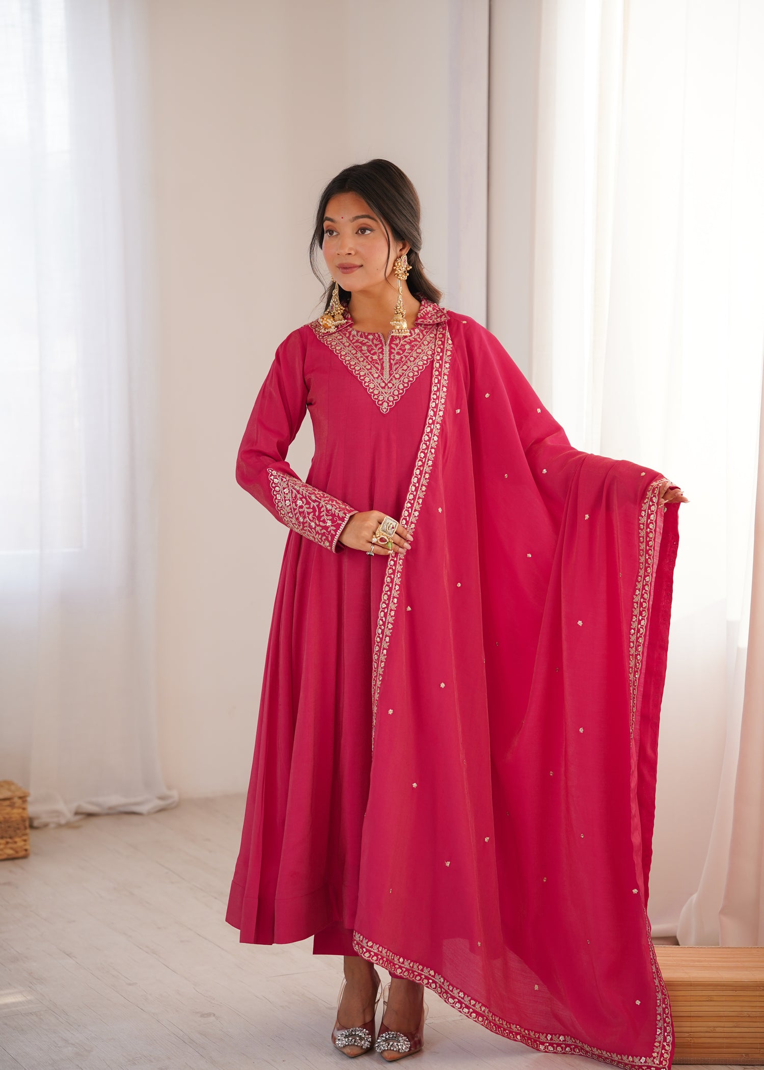 Pure Roman Shimmer Silk Anarkali Set with Fancy Dori & Jari Work