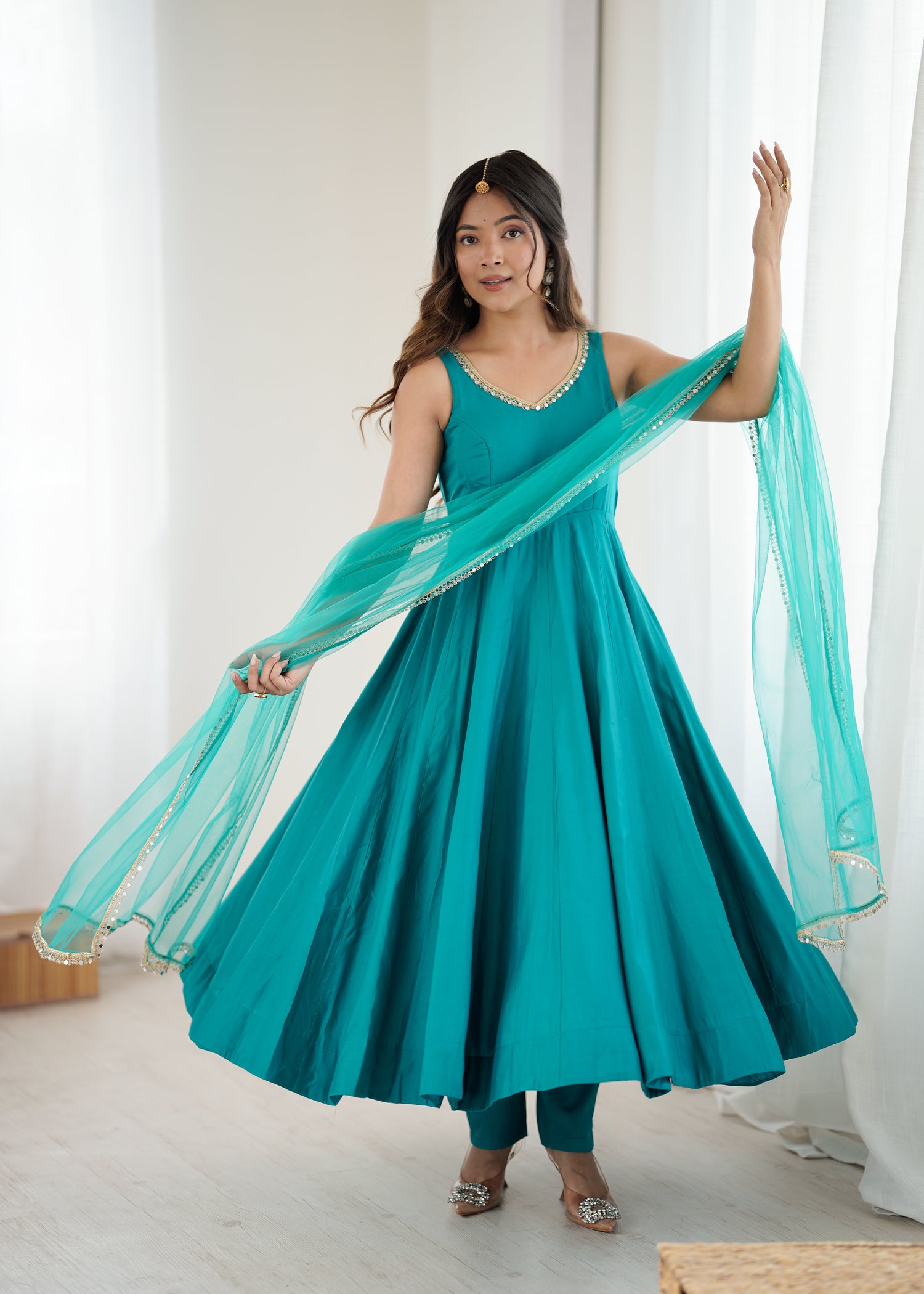 Pure Roman Silk Chanderi Anarkali Set with Mirror Lace Dupatta