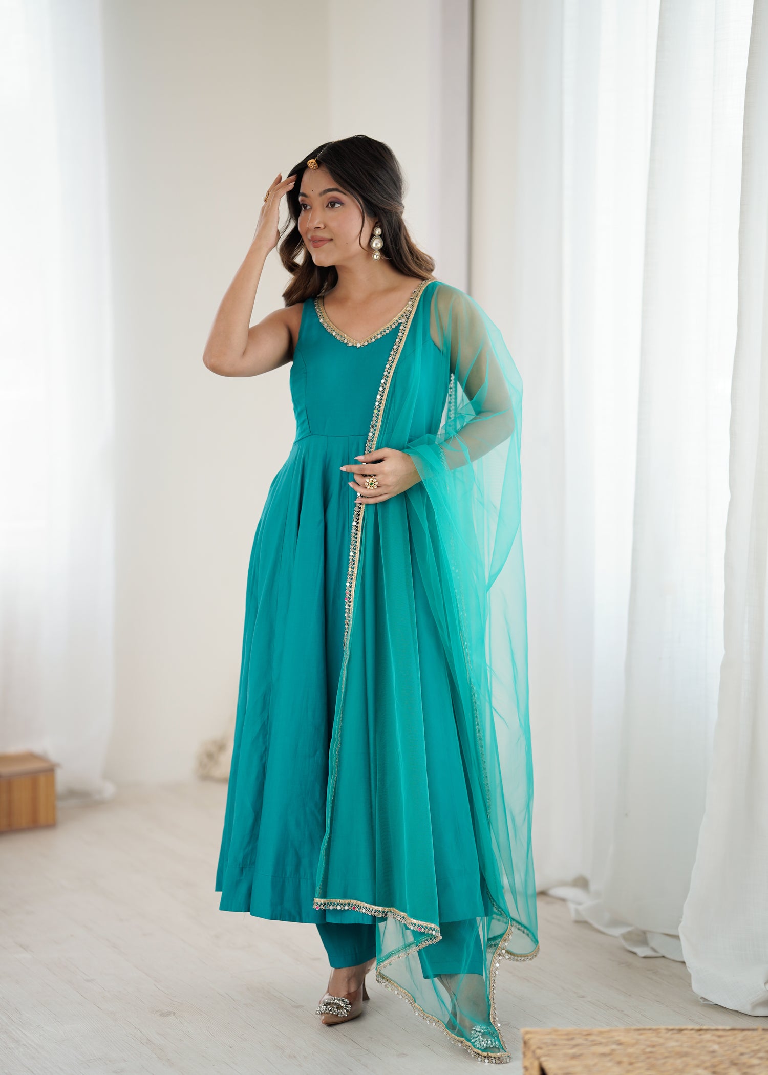 Pure Roman Silk Chanderi Anarkali Set with Mirror Lace Dupatta