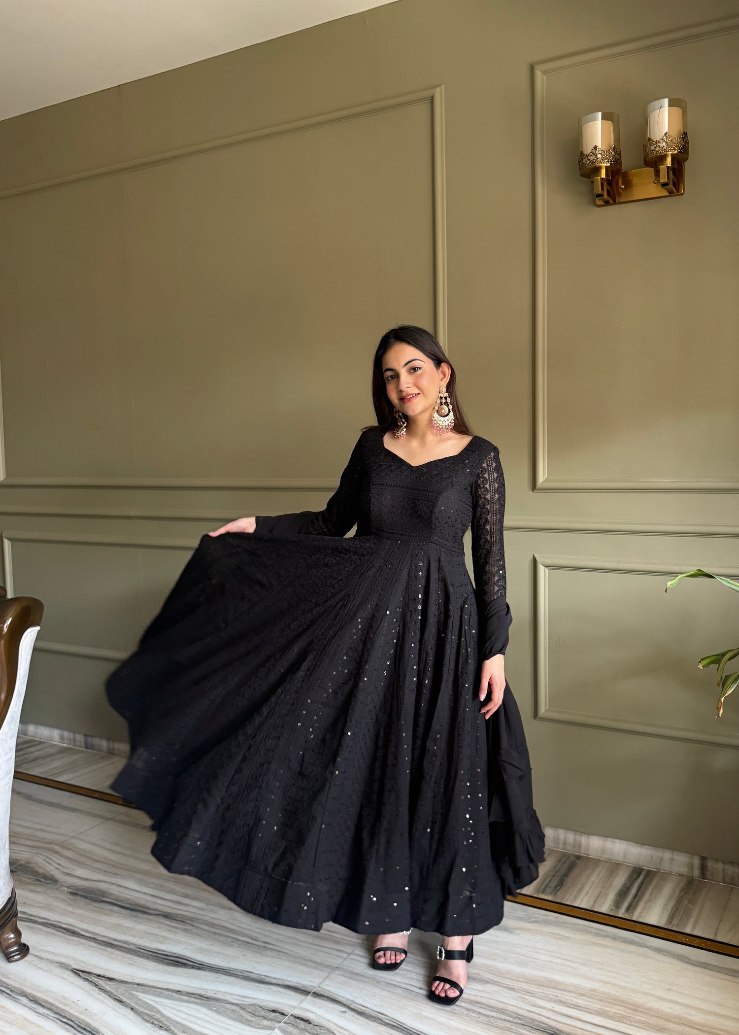 Premium Lucknowi Sequence & Thread Work Fox Georgette Anarkali Gown Set with Ruffle Dupatta