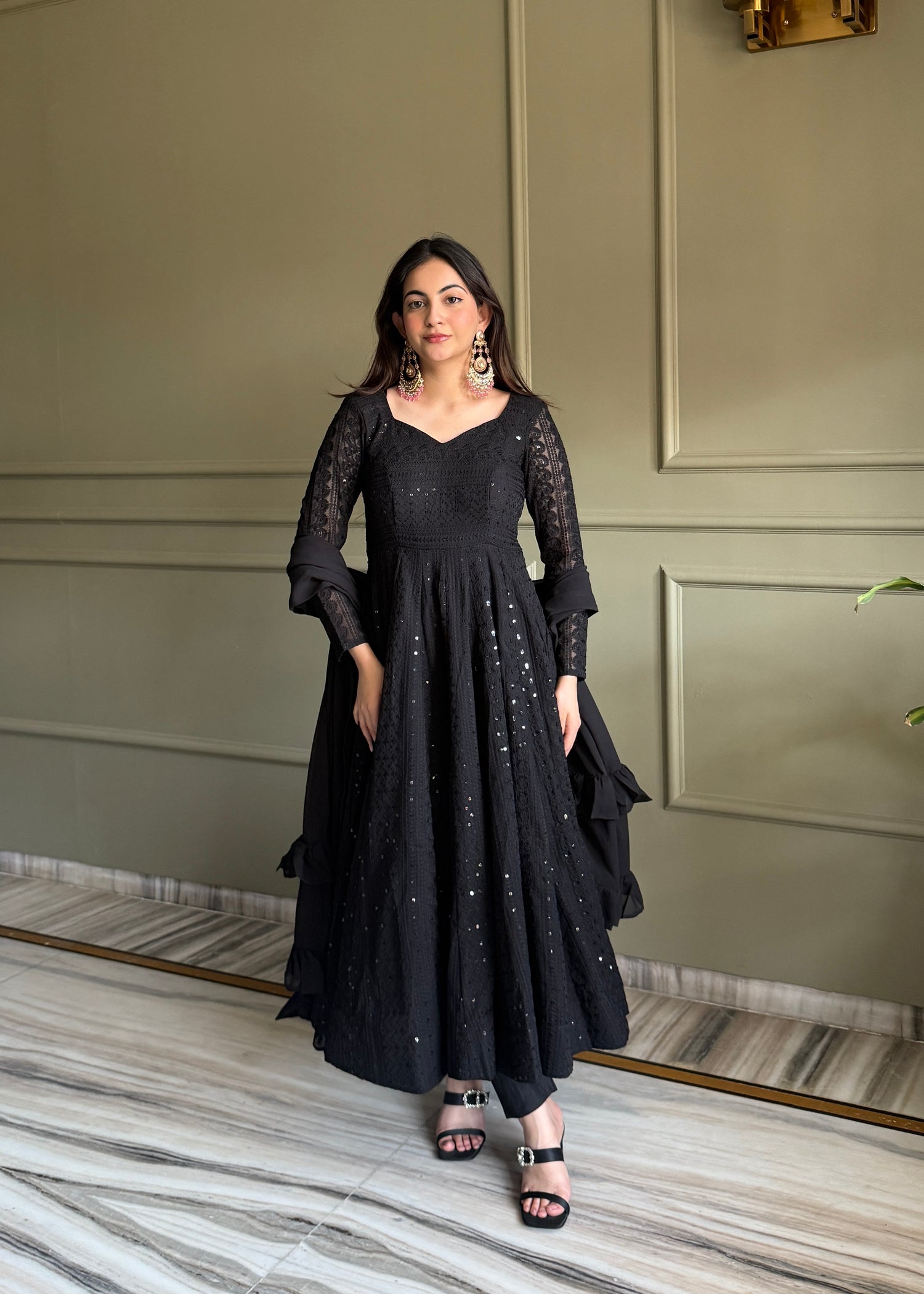 Premium Lucknowi Sequence & Thread Work Fox Georgette Anarkali Gown Set with Ruffle Dupatta