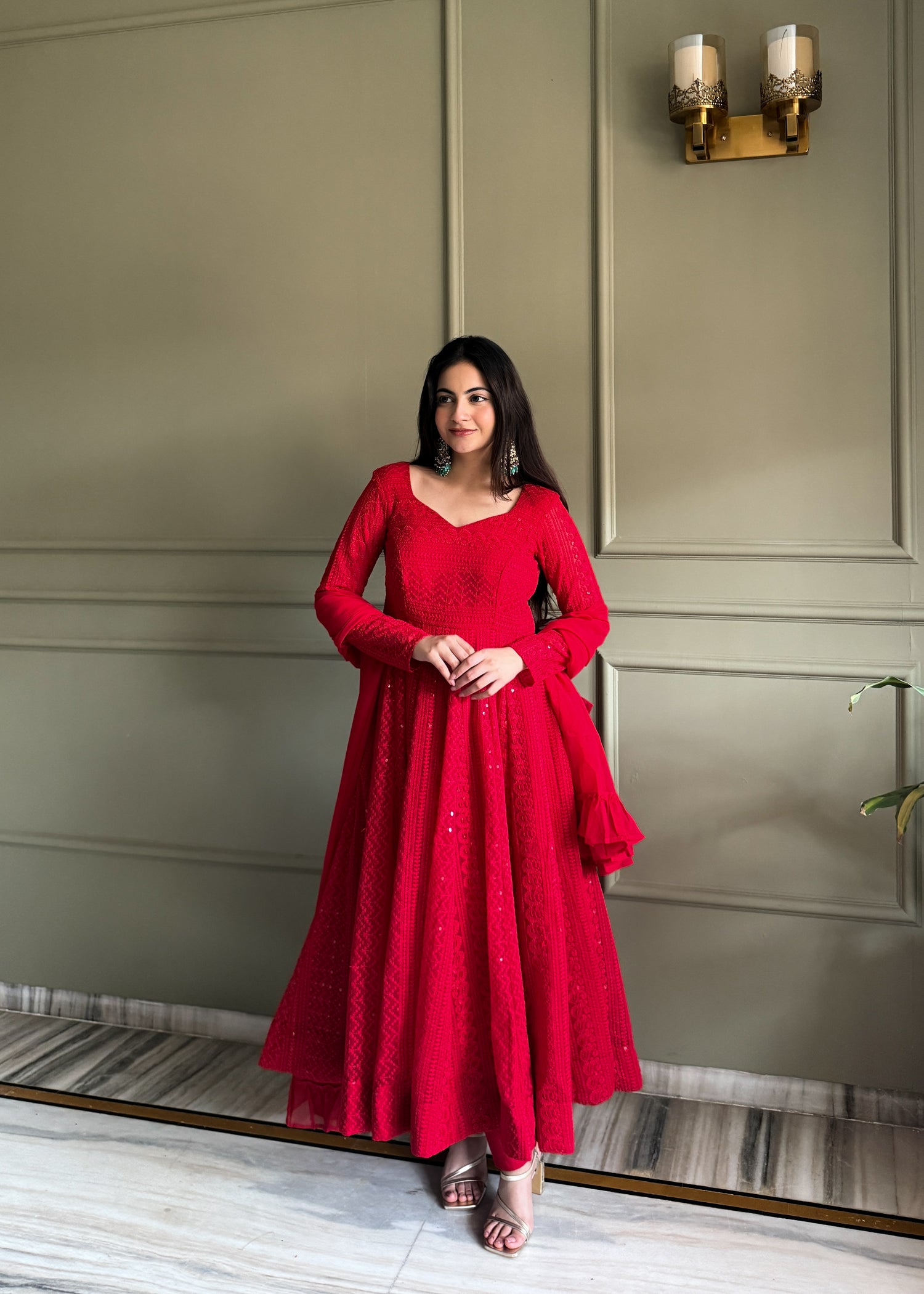 Premium Women's Lucknowi Embroidered Fox Georgette Anarkali Gown Set with Ruffle Dupatta