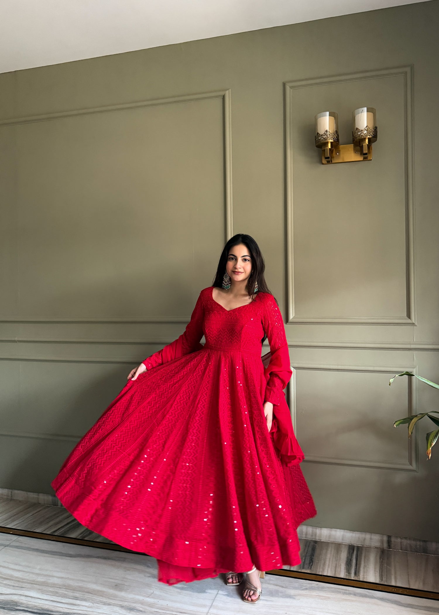 Premium Women's Lucknowi Embroidered Fox Georgette Anarkali Gown Set with Ruffle Dupatta
