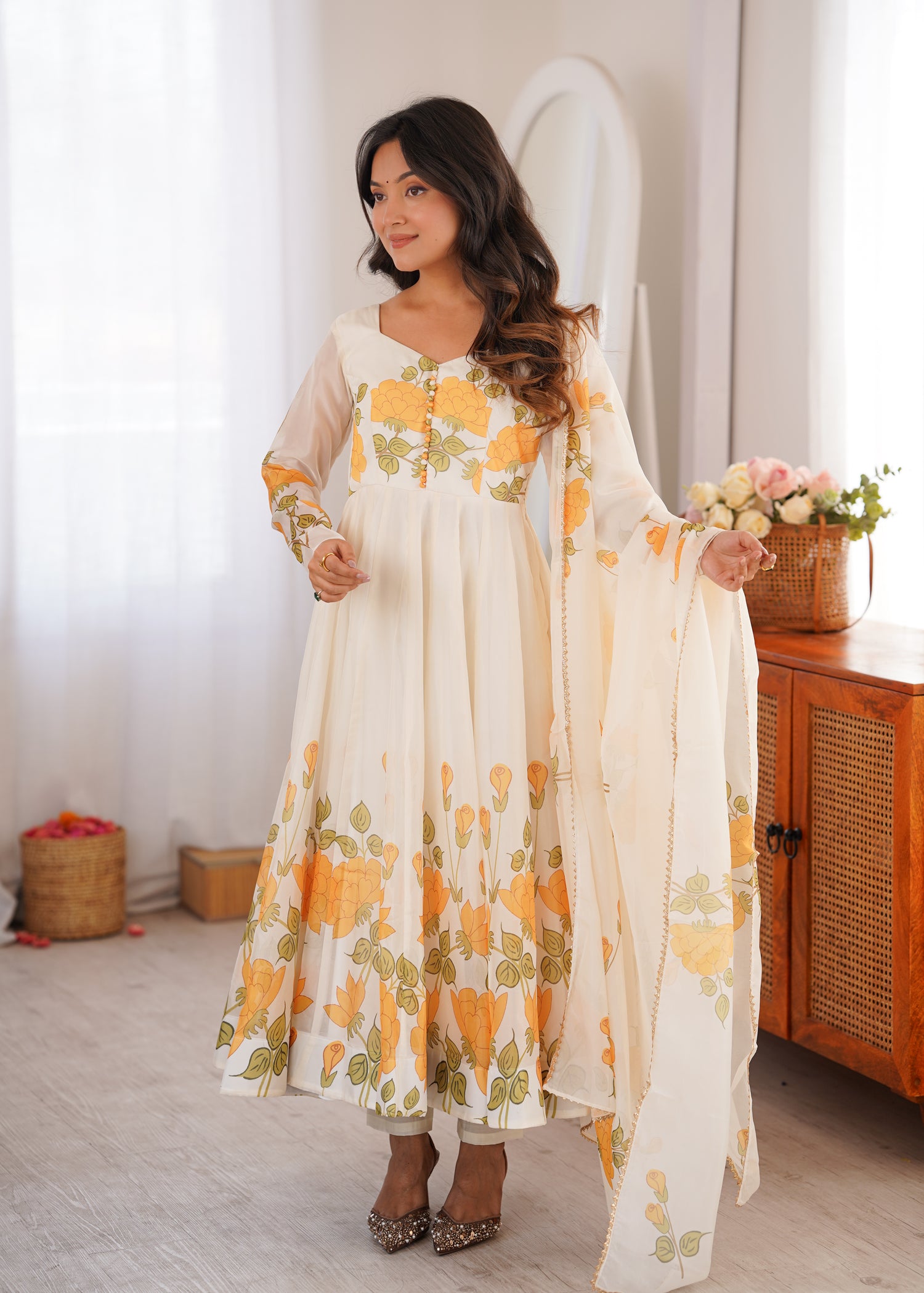 Premium Floral Print Organza Silk Anarkali Gown Set with Dupatta & Pant