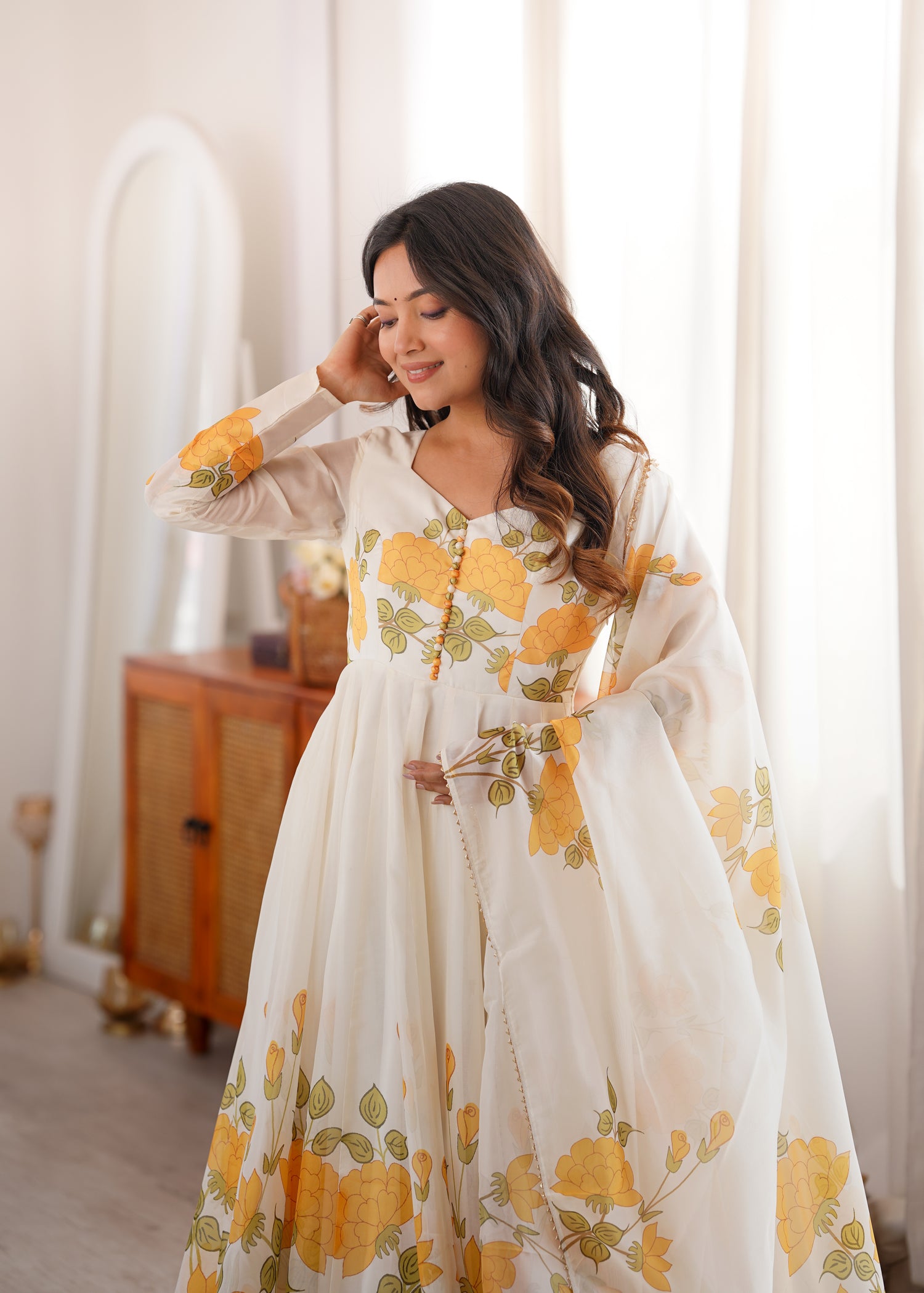 Premium Floral Print Organza Silk Anarkali Gown Set with Dupatta & Pant