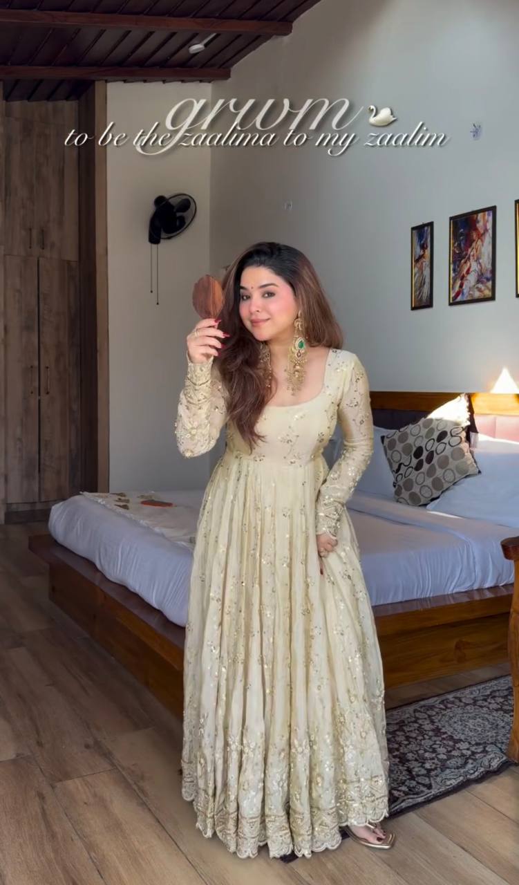 Chinon Silk Gown–Pant–Dupatta Set - Perfect for weddings, festivals & party wear