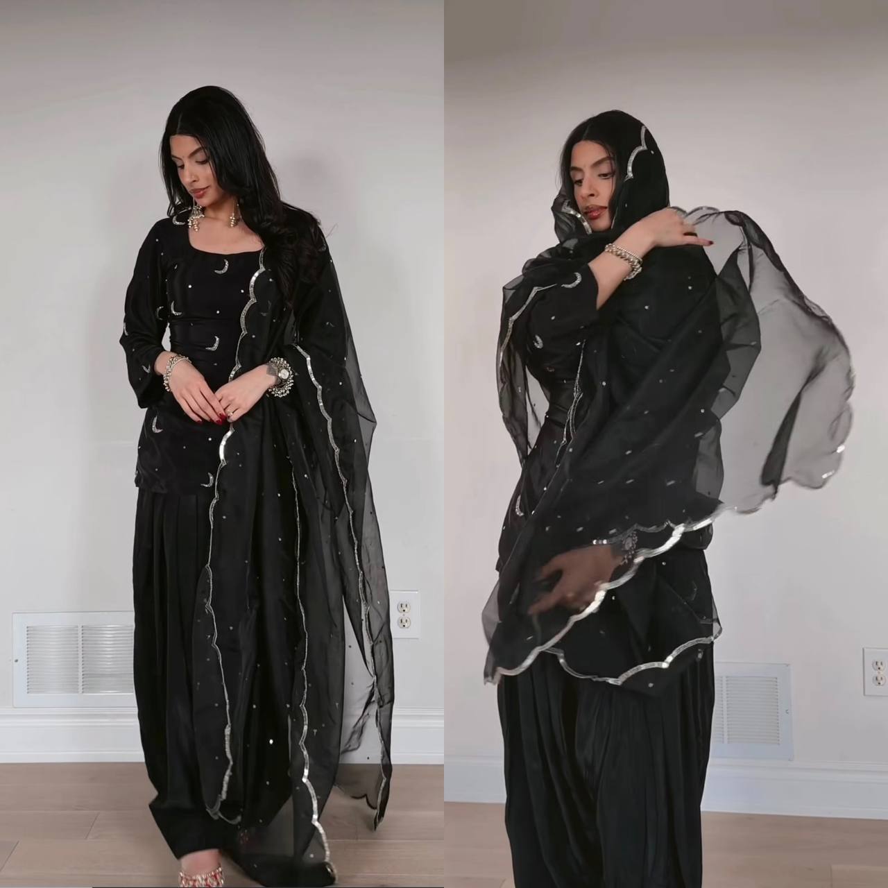 Shine like the Moon! Chic Black Farshi Salwar Kameez with Sheer Scalloped Dupatta