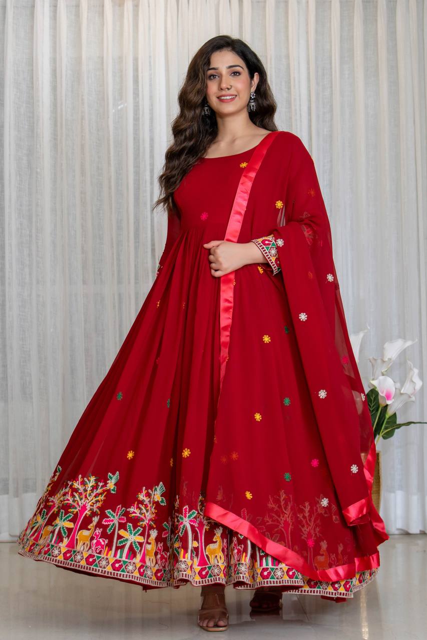 Designer Red Festive Anarkali Suit Set - Nature Inspired Embroidery Collection