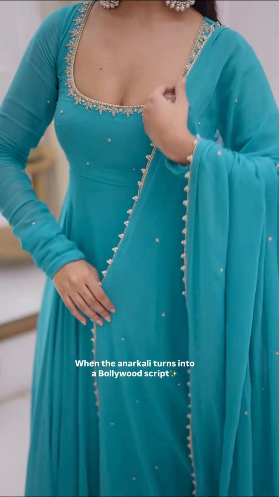 Sky Blue Pearl Border Anarkali set