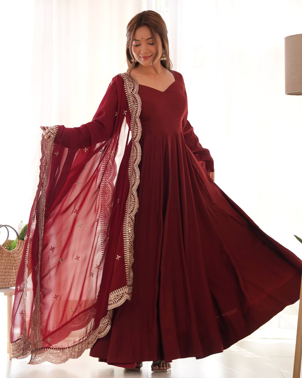 Premium Roman Silk Chanderi 16 Kali Anarkali Gown Set