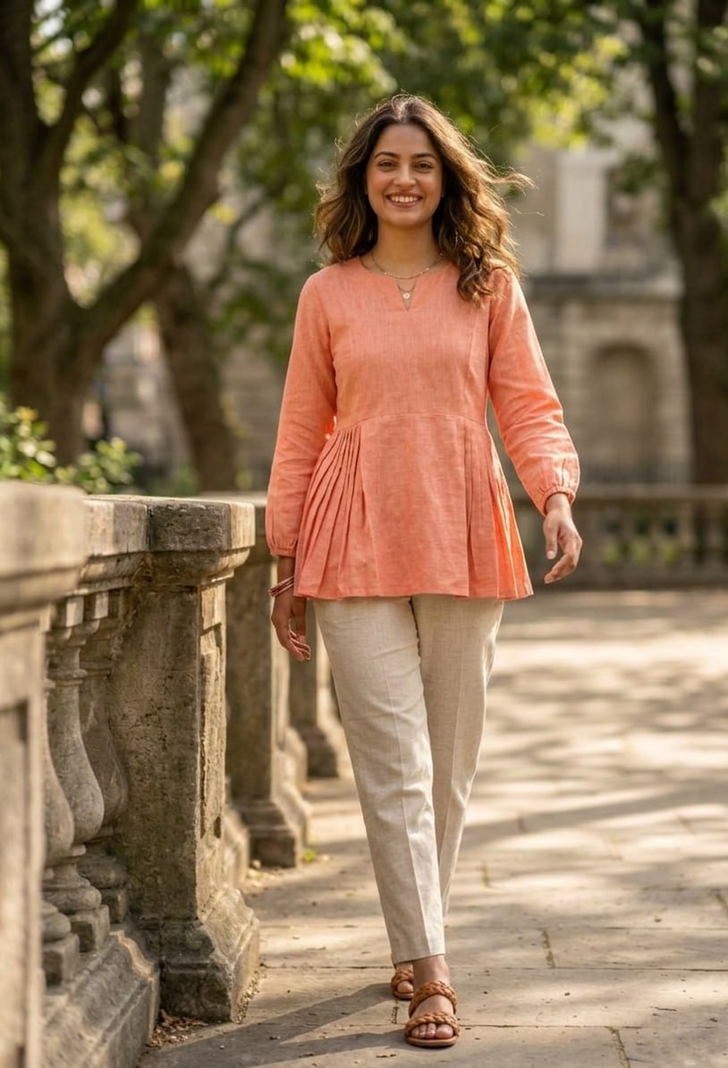 Linen Cotton Full Sleeve Frill Top with Elastic Waist Pants Co-Ord Set